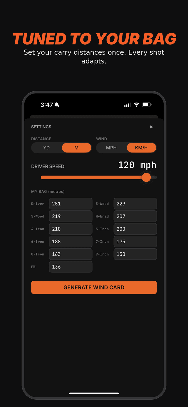Settings screen with carry distances for each club and driver speed slider